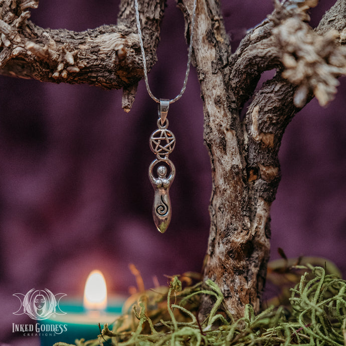Spiral Goddess Holding Pentacle Sterling Silver Necklace for Protection