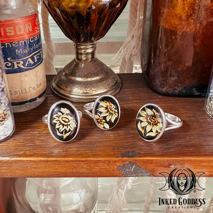 Amber Sunflower Adjustable Sterling Silver Ring for Summer Energy