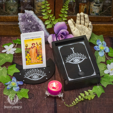 Third Eye Wooden Tarot Storage Box & Card Stand Set for Witchy Divination