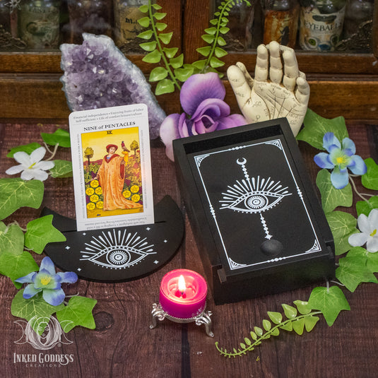 Third Eye Wooden Tarot Storage Box & Card Stand Set for Witchy Divination