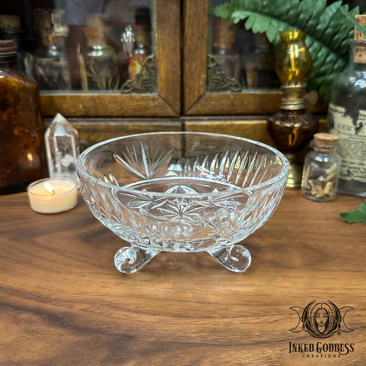 Three-Legged Vintage Glass Altar Bowl for Offerings or Carromancy