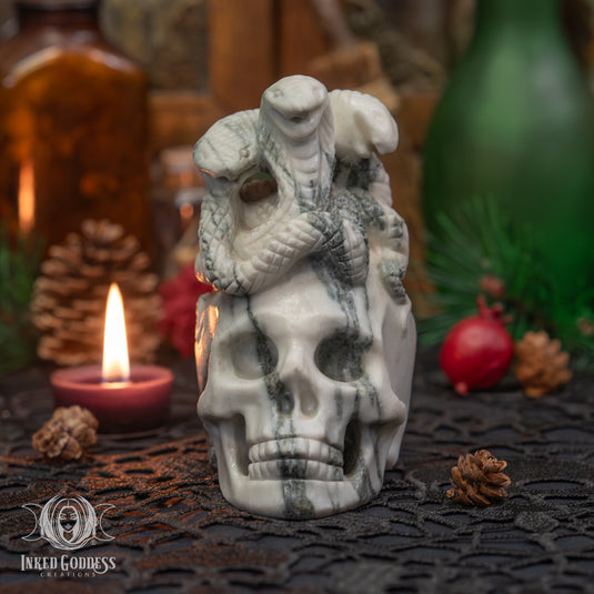 Tree Jasper Skull with Snakes for Transformational Healing