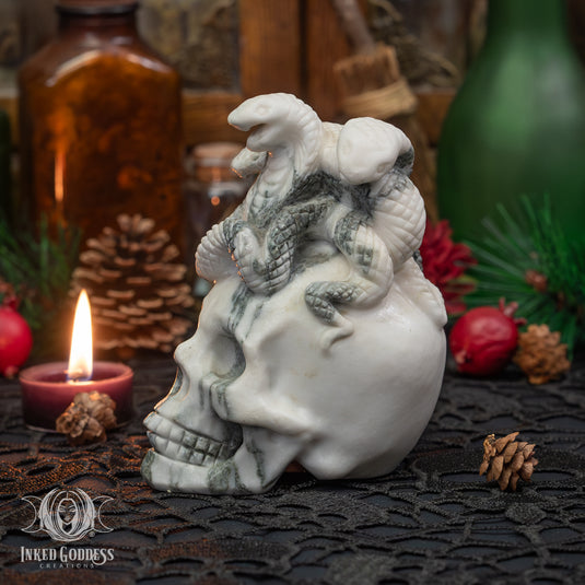 Tree Jasper Skull with Snakes for Transformational Healing