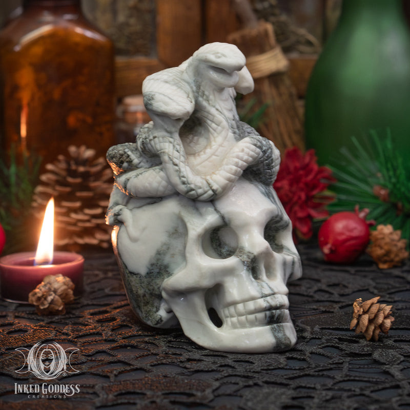 Load image into Gallery viewer, Tree Jasper Skull with Snakes for Transformational Healing
