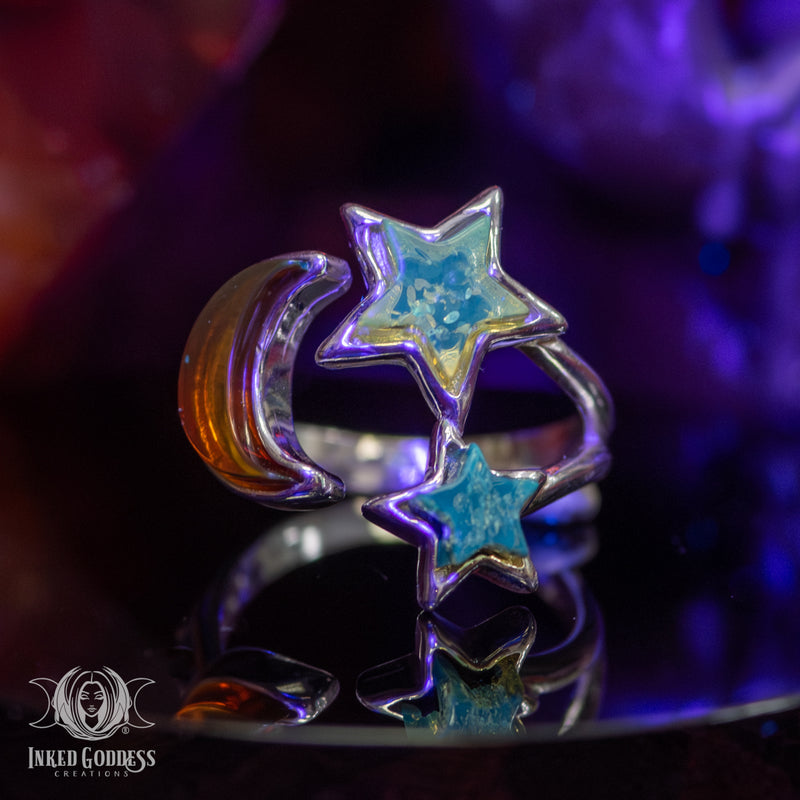 Load image into Gallery viewer, Amber Moon with Stars Sterling Silver Adjustable Ring for Cosmic Healing
