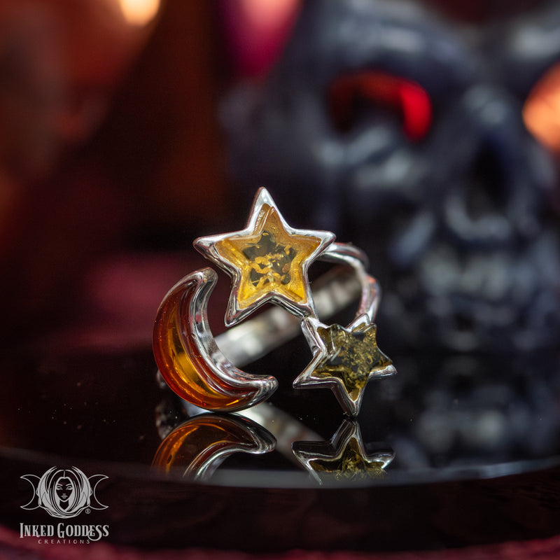 Load image into Gallery viewer, Amber Moon with Stars Sterling Silver Adjustable Ring for Cosmic Healing
