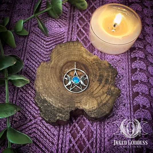 Triple Moon Pentacle with Synthetic Opal Sterling Silver Pendant for Witchy Cycles