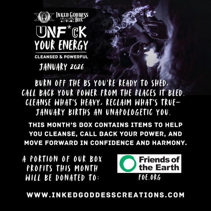 Load image into Gallery viewer, Promotional graphic for an 'Unf*ck Your Energy' box by Inked Goddess Creations with text and branding elements.

