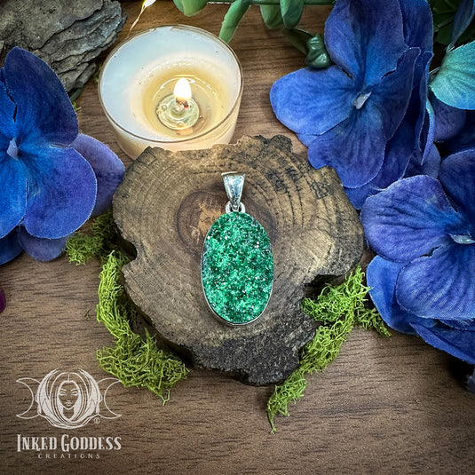 Uvarovite Green Garnet Druzy Sterling Silver Pendant for Hella Good Luck