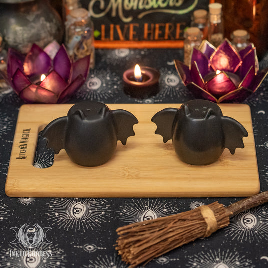 Vampire Bat Wing Ceramic Salt and Pepper Shaker Set for Fun Goth Vibes