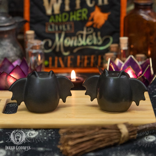 Vampire Bat Wing Ceramic Salt and Pepper Shaker Set for Fun Goth Vibes