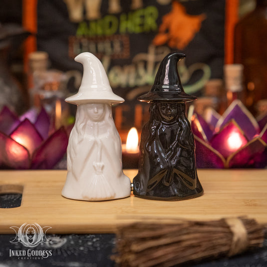 White Witch, Black Witch Ceramic Salt and Pepper Shaker Set for Magickal Cooking