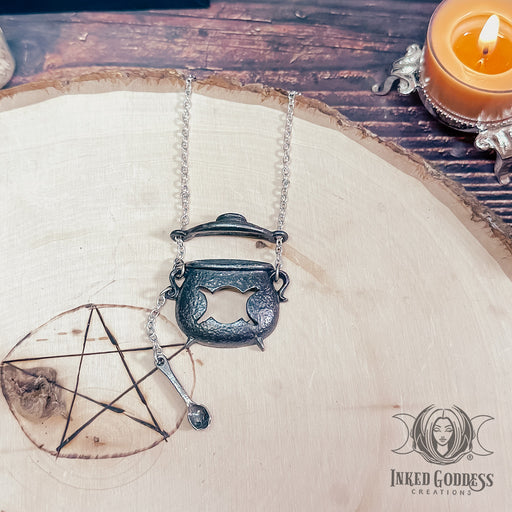 Witches Cauldron Necklace with Triple Moon Cut-Out
