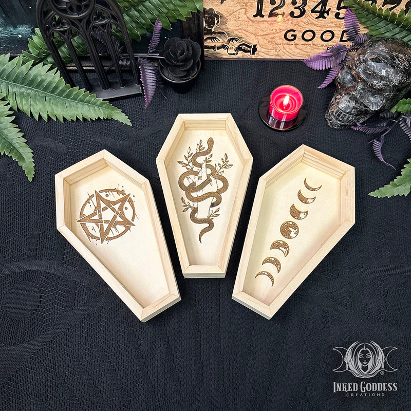 Load image into Gallery viewer, Witchy Wooden Coffin Tray With Wood-Burned Image- 3 Styles to Choose From
