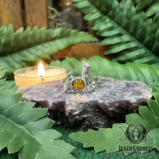 Wolves Howling Amber Sterling Silver Adjustable Ring for Personal Freedom