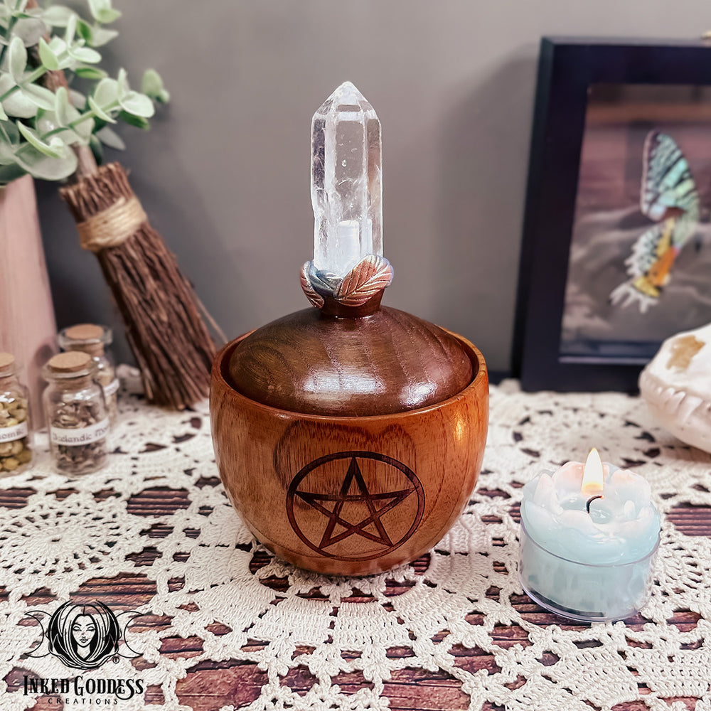 Wooden Pentacle Jar with Quartz Point Lid for Magickal Storage- Inked Goddess Creations