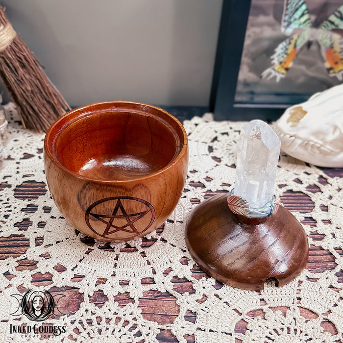 Wooden Pentacle Jar with Quartz Point Lid for Magickal Storage- Inked Goddess Creations