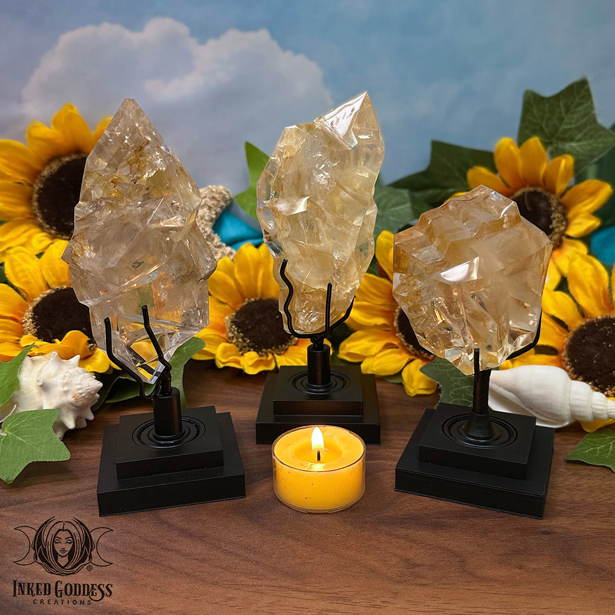 Yellow Hematoid Quartz Geometric Flame on Stand