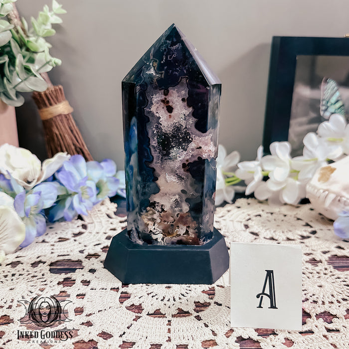 Agate Druzy Portal on Wooden Stand for Otherworldly Travel- Inked Goddess Creations