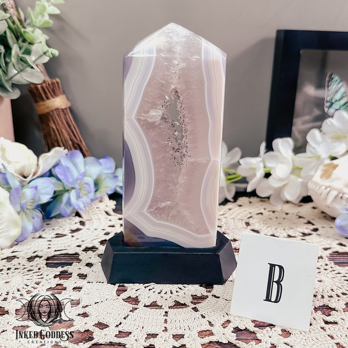 Agate Druzy Portal on Wooden Stand for Otherworldly Travel- Inked Goddess Creations