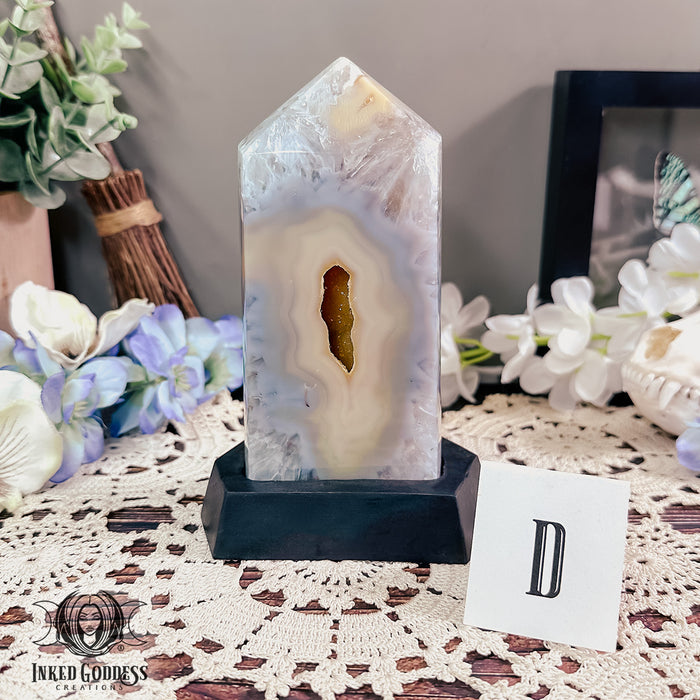 Agate Druzy Portal on Wooden Stand for Otherworldly Travel- Inked Goddess Creations