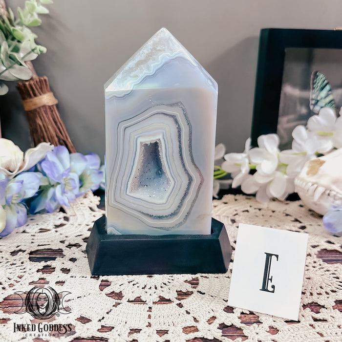 Agate Druzy Portal on Wooden Stand for Otherworldly Travel- Inked Goddess Creations