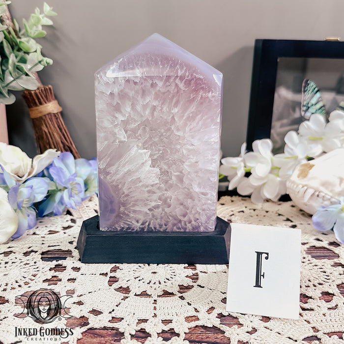 Agate Druzy Portal on Wooden Stand for Otherworldly Travel- Inked Goddess Creations