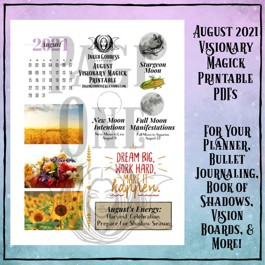 August 2021 Visionary Magick PDF Printable for Bullet Journaling- Inked Goddess Creations