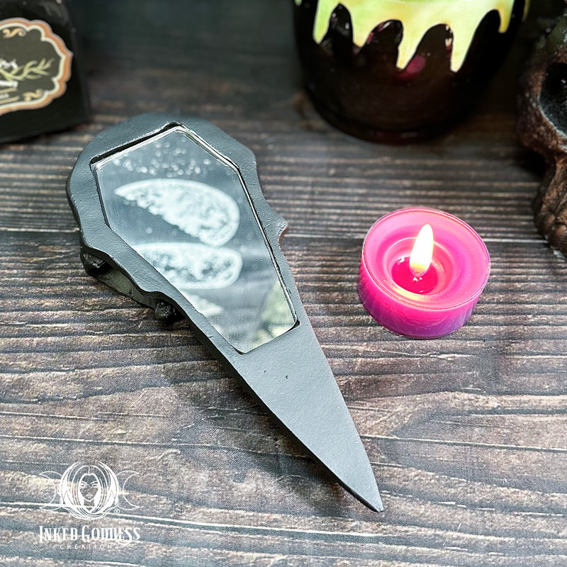 Load image into Gallery viewer, Black Raven Skull Hand Mirror for Glamour Magick- Inked Goddess Creations
