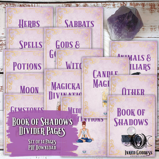 Book of Shadows Divider Pages- Set of 14- PDF Download- Inked Goddess Creations