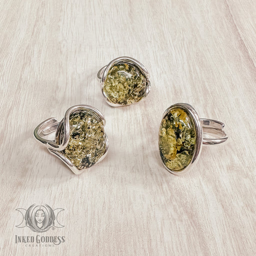 Green Amber Sterling Silver Adjustable Ring- Inked Goddess Creations