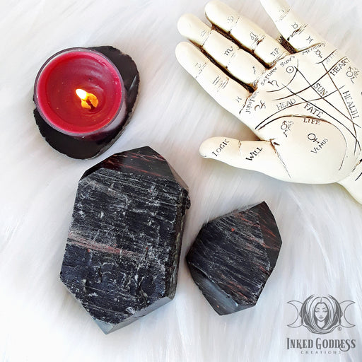 Black Tourmaline & Hematite Double Terminated Raw Wand for Grounding- Inked Goddess Creations