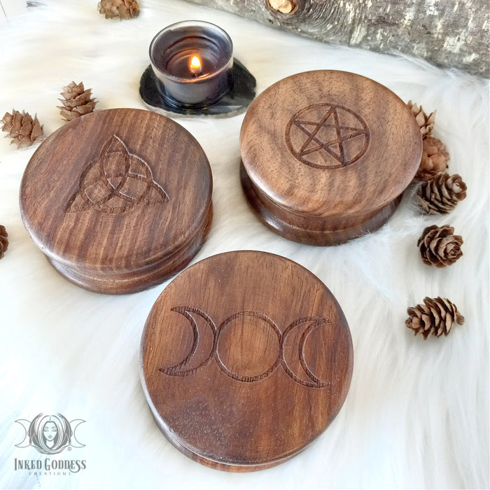 Carved Wooden Herb Grinder - Triple Moon, Goddess, Pentacle or Triquetra- Inked Goddess Creations