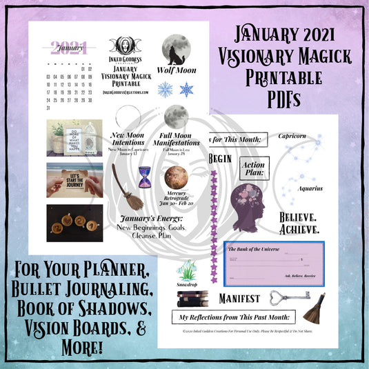 January 2021 Visionary Magick PDF Printable for Bullet Journaling- Inked Goddess Creations