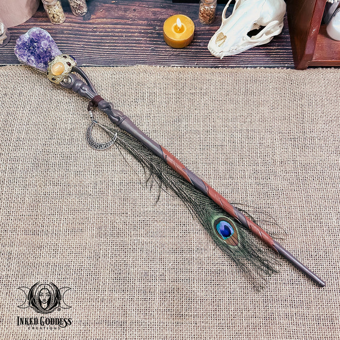 Amethyst Geode and Peacock Feather Wand