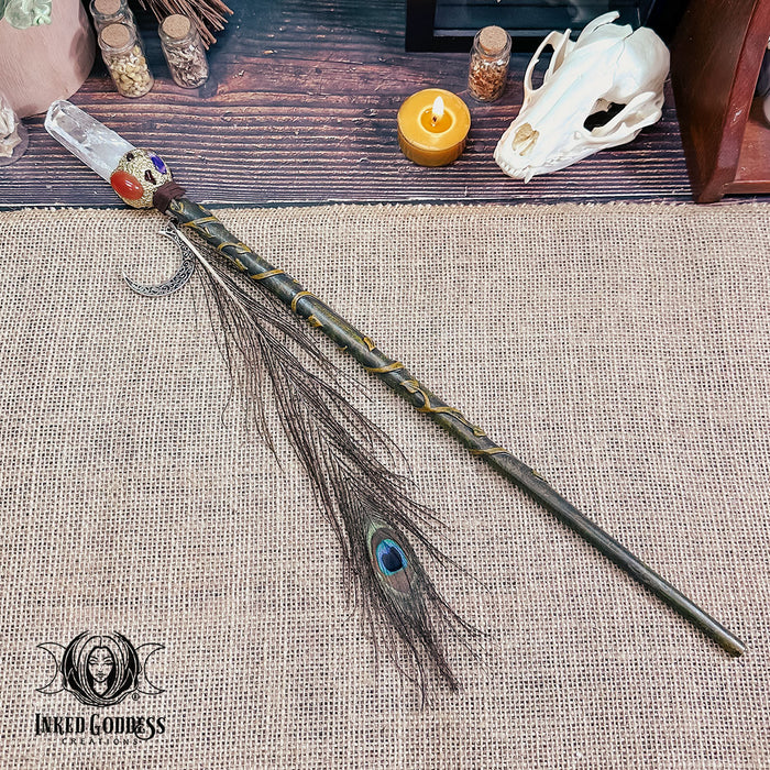 Quartz Point and Peacock Feather Wand