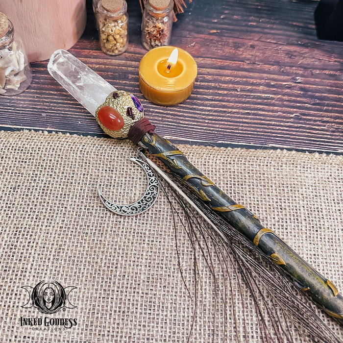 Quartz Point and Peacock Feather Wand