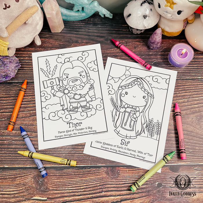 Norse Gods and Goddesses Coloring Card Set for Wee Witches- Inked Goddess Creations