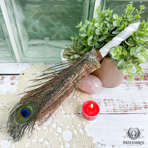 Selenite Altar Besom with Peacock Feather- Inked Goddess Creations