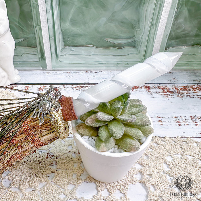 Selenite Altar Besom with Peacock Feather- Inked Goddess Creations