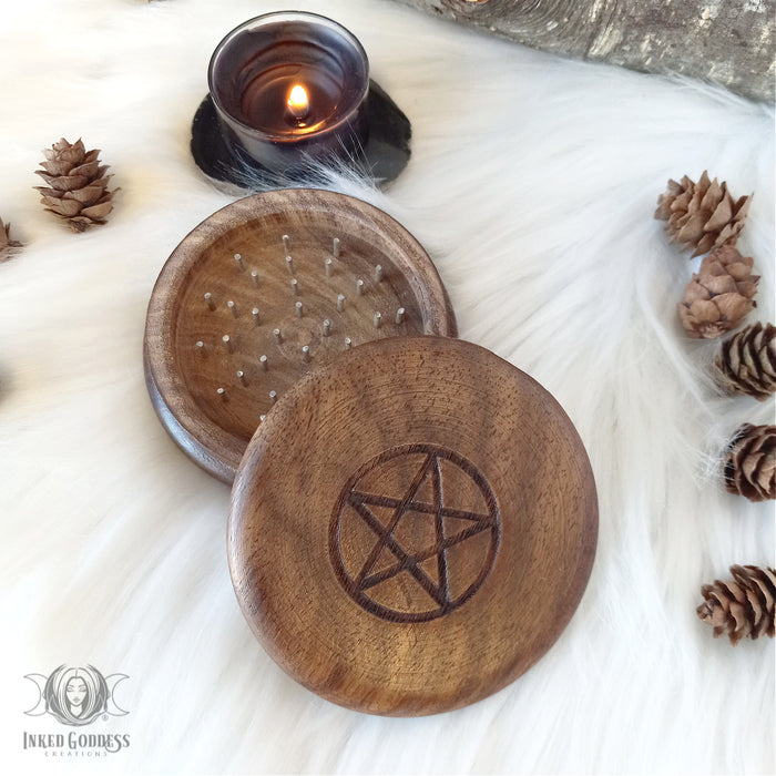 Carved Wooden Herb Grinder - Triple Moon, Goddess, Pentacle or Triquetra- Inked Goddess Creations