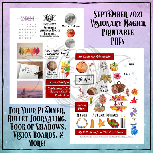 September 2021 Visionary Magick PDF Printable for Bullet Journaling- Inked Goddess Creations