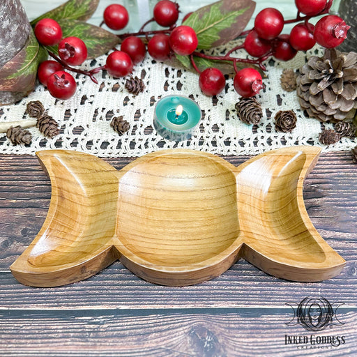 Teak Wood Triple Moon Bowl for Offerings- Inked Goddess Creations