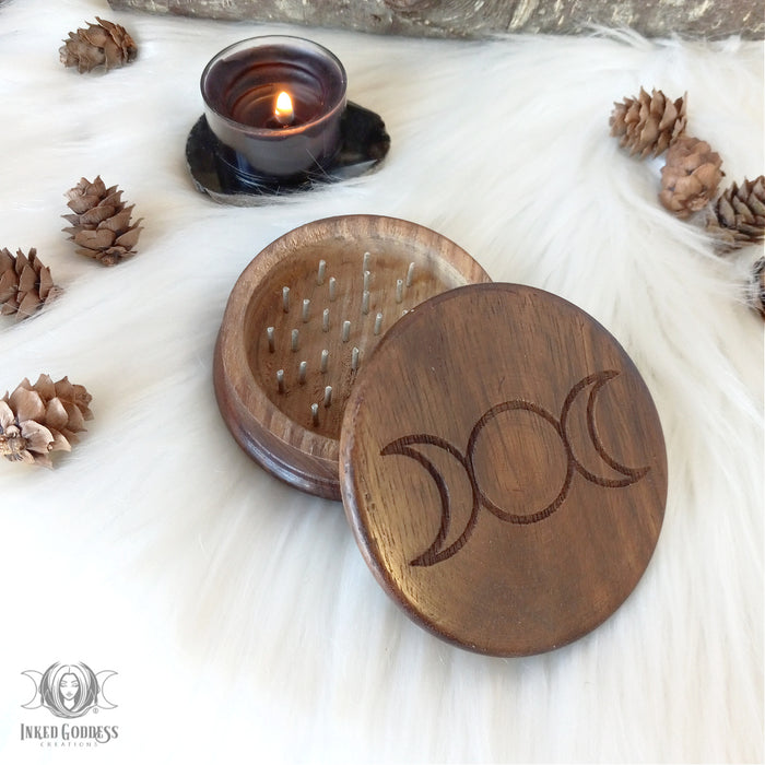 Carved Wooden Herb Grinder - Triple Moon, Goddess, Pentacle or Triquetra- Inked Goddess Creations