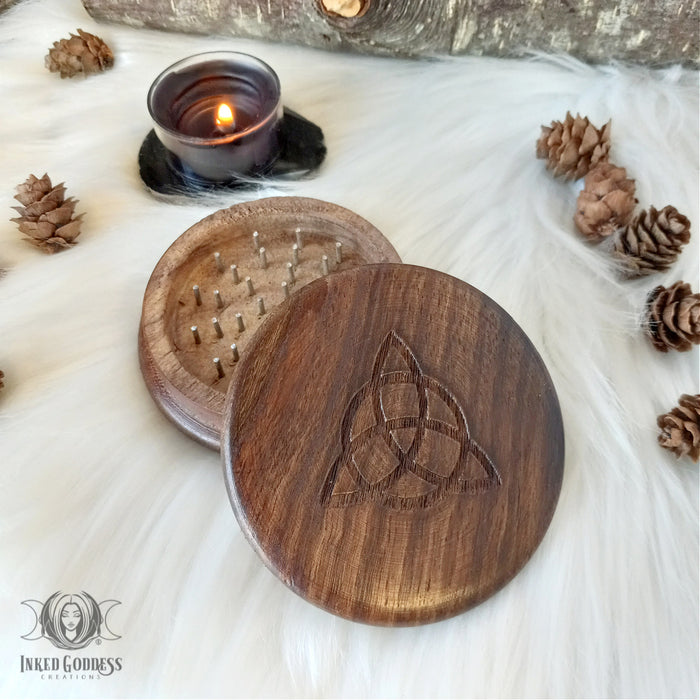 Carved Wooden Herb Grinder - Triple Moon, Goddess, Pentacle or Triquetra- Inked Goddess Creations