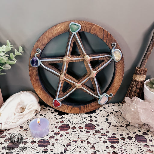 Wooden Altar Pentacle with Gemstones- Altar Decor- Inked Goddess Creations