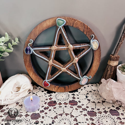 Wooden Altar Pentacle with Gemstones- Altar Decor- Inked Goddess Creations