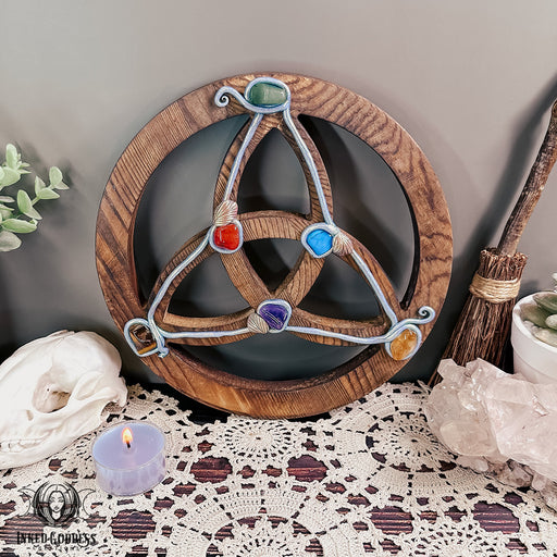 Wooden Altar Triquetra with Gemstones- Large Altar Decor- Inked Goddess Creations