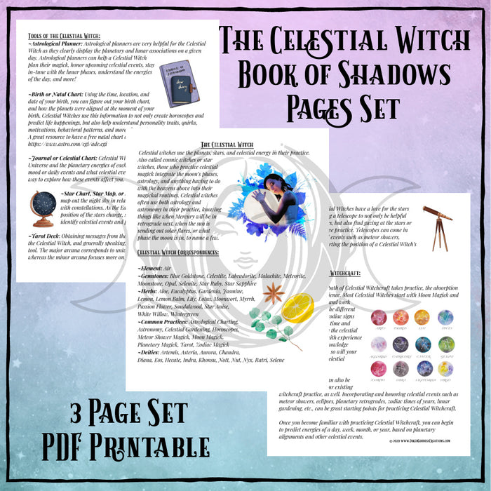 Celestial Witch Book of Shadows Pages Set- PDF Printables- Inked Goddess Creations