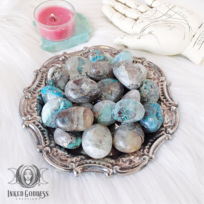 Chrysocolla in Quartz Tumbled for Achieving Goals- Inked Goddess Creations